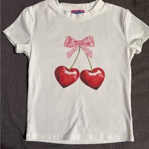Edikted White Tee with Red Heart Cherries and Pink Bow